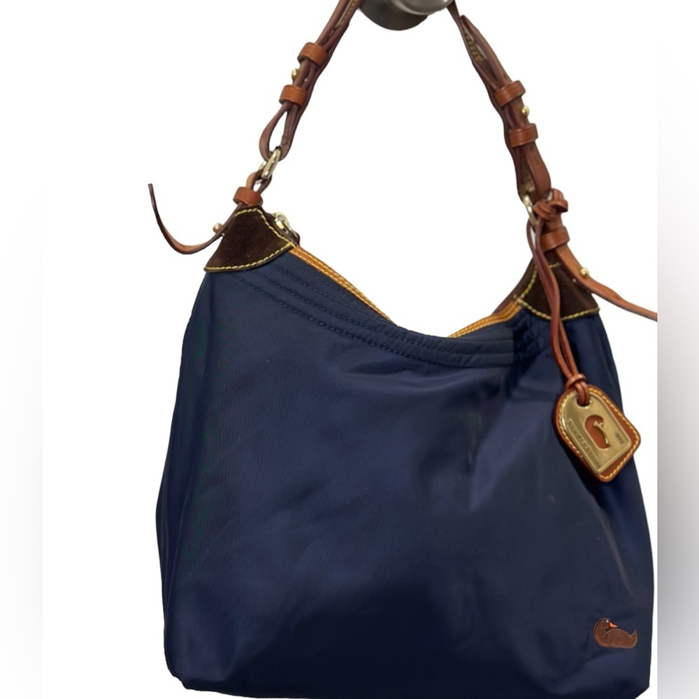 Dooney & Bourke Navy Nylon Shoulder Bag with Brown Leather Trim